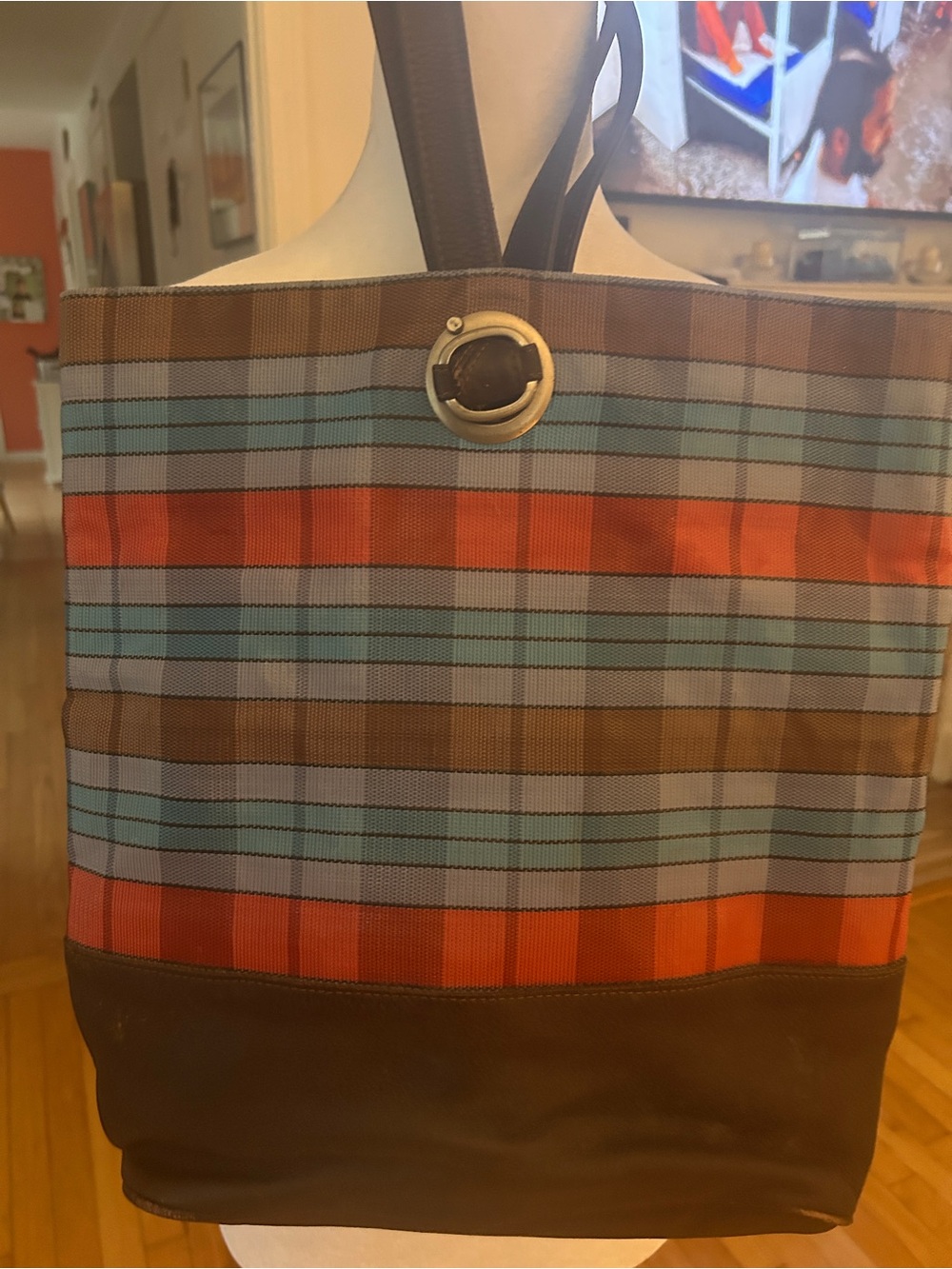 Le Monde Plaid Canvas Tote with Brown Leather Trim - Blue, Red, Brown